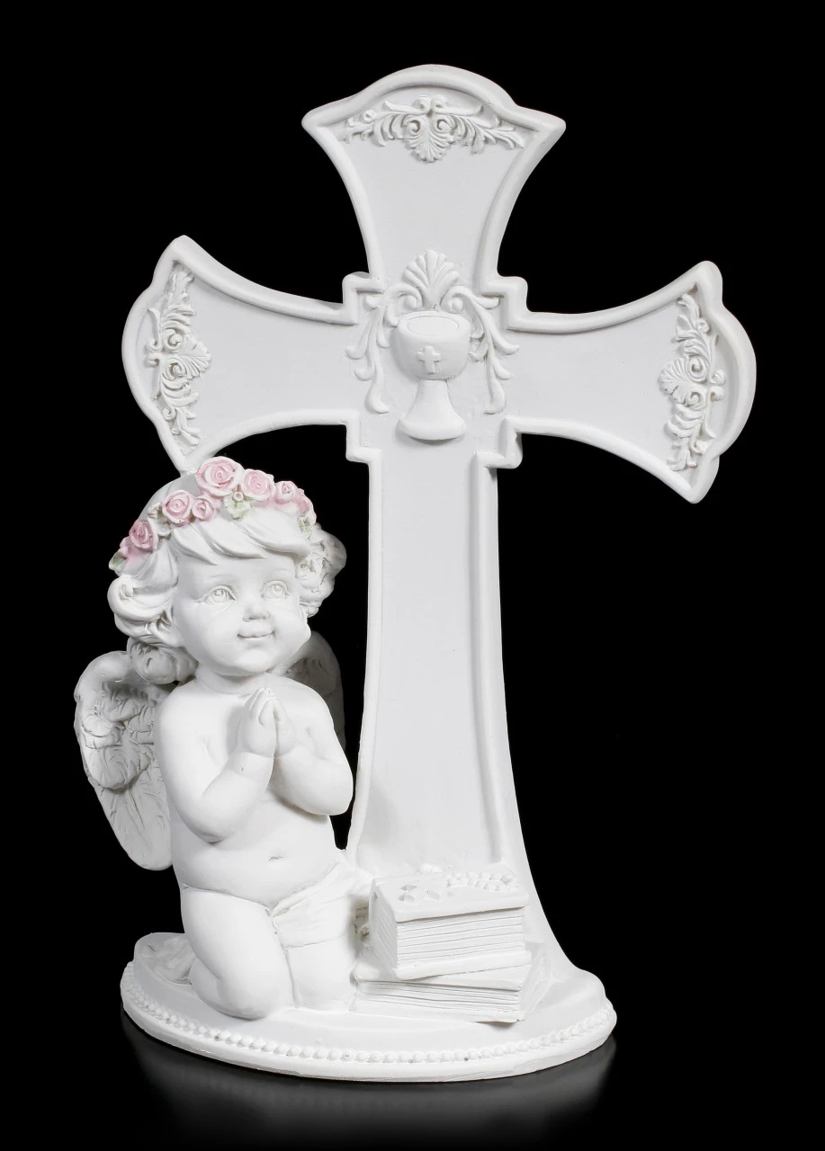 Weiße Cherub Figur Vor Kreuz Betend